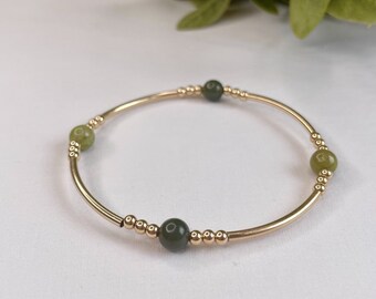 Nephrite Jade Bracelet, Green Jade Beads, Gold Accents, Handmade UK