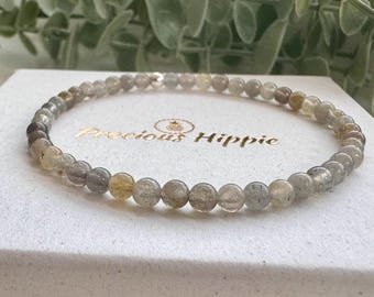 Labradorite Gemstone Beaded Bracelet, 4mm Grey Gemstone with Blue Flash, Delicate Labradorite Stacking Bracelet