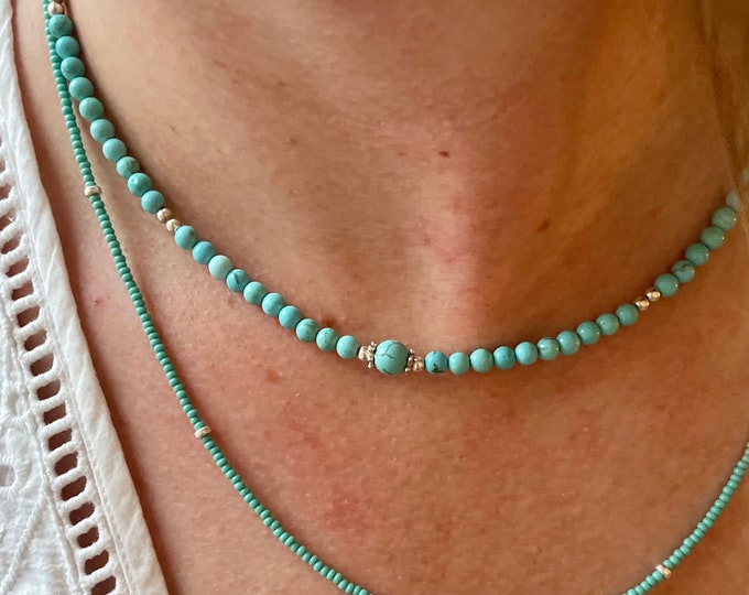 Featured listing image: Tiny Turquoise Beaded Necklace, Turquoise and Sterling Silver Seed Bead Necklace, Boho Necklace, Turquoise & Gold Jewellery, Stocking Filler