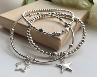 Sterling Silver Bracelet Stack, Beaded Bracelet Set, Star Bracelets, Womens Star Bracelet, Stacking Bracelets, Statement Jewellery