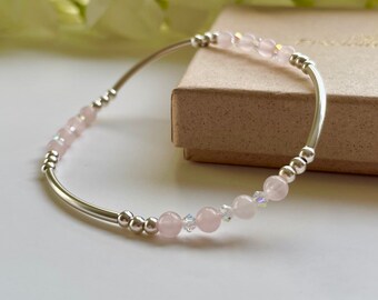 Rose Quartz and Silver beaded bracelet, Pink Gemstone bracelet gift for her