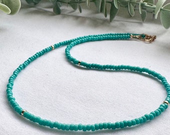 Tiny Turquoise Beaded Necklace, Turquoise and Sterling Silver Necklace, Boho Beach Necklace, Turquoise & Gold Jewellery