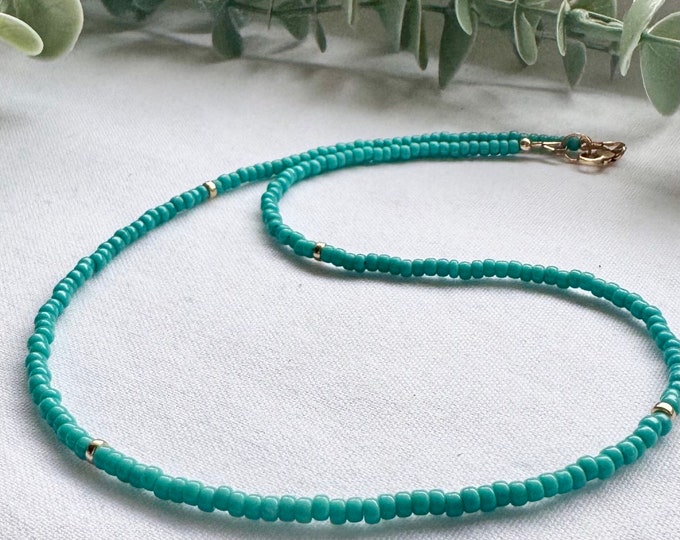 Tiny Turquoise Seed Bead Necklace: Sterling Silver Boho Jewelry