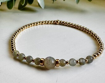 Labradorite & Gold Beaded Bracelet, Gold Fill Stacking Bracelet, Crystal Healing Stretch Bracelet, Gift for Her