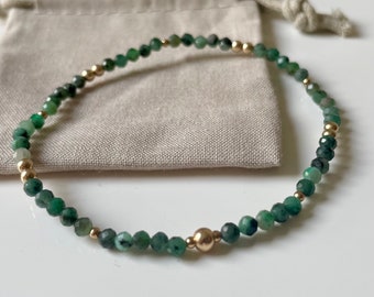 Emerald Beaded Gemstone Bracelet, May Birthstone Bracelet, Green & Gold Bracelet Stacking Bracelet, Gift for her