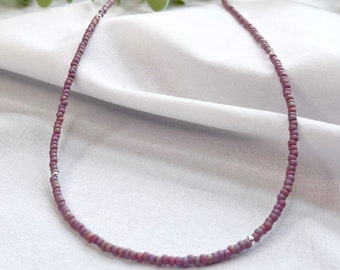 Mauve Seed Bead Necklace - Handwoven Glass & Sterling Silver Jewelry, Bohemian Gift Idea