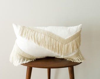 Fringe Punch Needle Lumbar Pillow Cover, Neutral Home Cushion, 21 x 12 Lumbar Throw Pillow Cover, White and Ivory Cushion