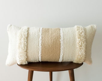 Large Neutral Lumbar Pillow with Stripes, Stripe Pattern on an Oversized Cream Lumbar Pillow, Lumbar Cushion with a Tonal Linear Pattern