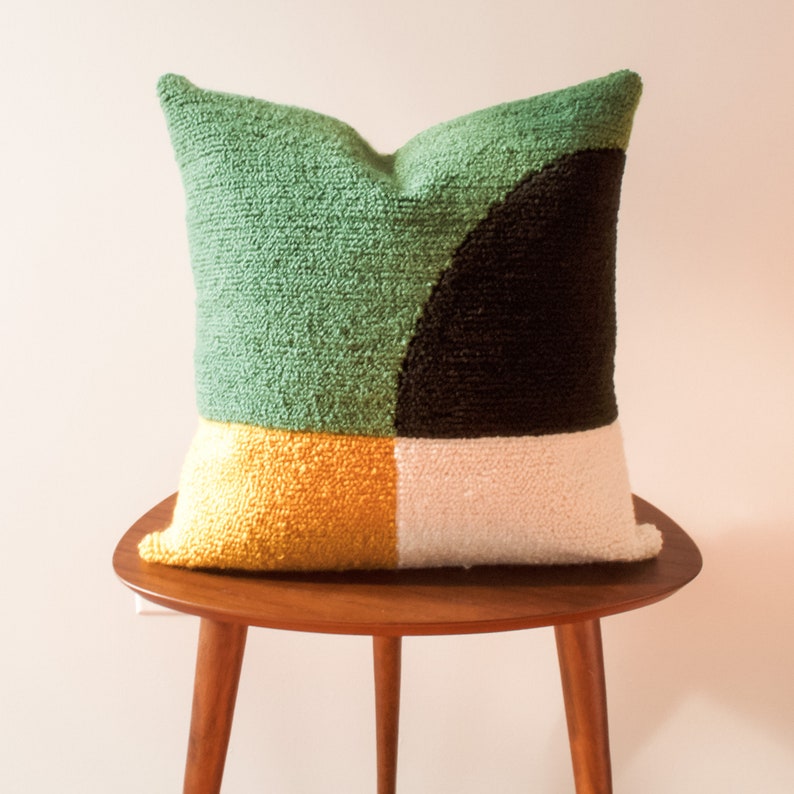 Punch Needle Pillow Cover, Rug Hook Home Decor, Handwoven Cushion, Square Pillow Cover, Green and Yellow Pillow image 1