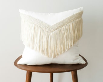 Neutral Pillow Cover with Fringe, Cream Cushion with Tassel Detail, White Pillow with Tonal Fringe Accent, Boho Fringe Style Pillow Cover