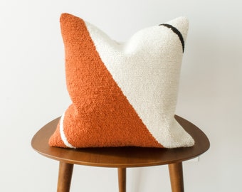 Terracotta Pillow Cover with Stripes, Cushion with Diagonal Stripe Detail, Rust Pillow with Linear Texture, Burnt Orange and White Stripes