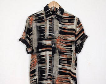 Vintage Hemd L Unisex | 90s Retro Vintage Shirt Crazy Pattern | Sommer Frühling Oversized Look | Vintage Kurzarm Bluse | Retro Look