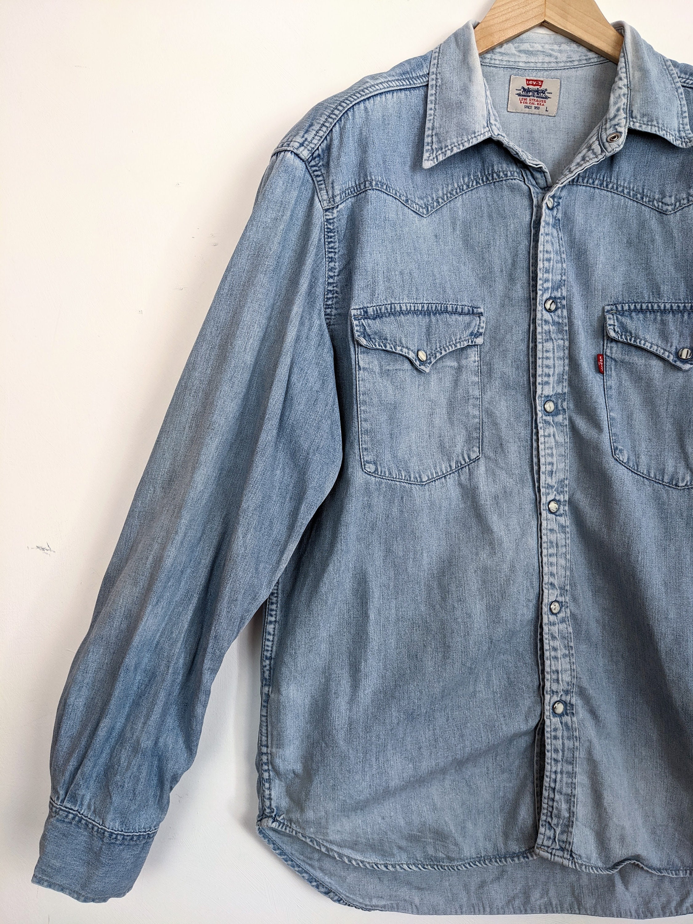 Vintage Levi s Denim Shirt Blue Unicolor Size L 90 s Vintage