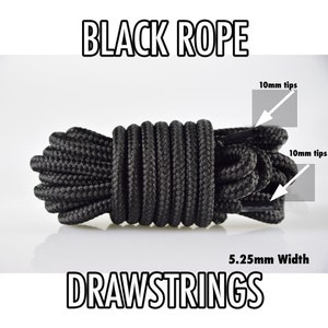 May include: Black rope drawstring with 10mm tips and a 5.25mm width. The rope is coiled and ready to be used.