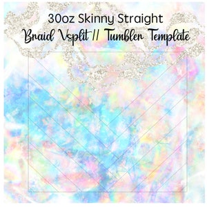 Puede incluir: Una plantilla digital para un vaso recto delgado de 30 oz con un patrón de chevron y un fondo iridiscente pastel. El texto "Braid Vsplit // Tumbler Template" está en la parte superior de la imagen.