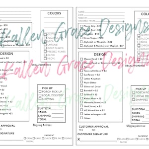 May include: A black and white order form for custom-made mouse heads, keychains, and other items. The form includes options for colours, designs, and decals. The form also includes a section for customer approval and signature.