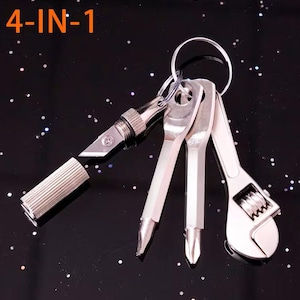 May include: A silver 4-in-1 multi-tool keychain. The tools include a utility knife, two screwdrivers, and an adjustable wrench. The text "4-IN-1" is in orange at the top left.
