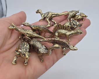 Brass Dinosaur 10Pc Set, Kids Grandkids Gift, Dollhouse Desktop Shelf Educational Prehistoric Mini Dinos