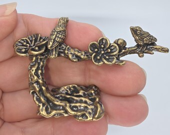 Miniature Brass Plum Blossom Branch with Birds, Vintage Dollhouse Decor Accent