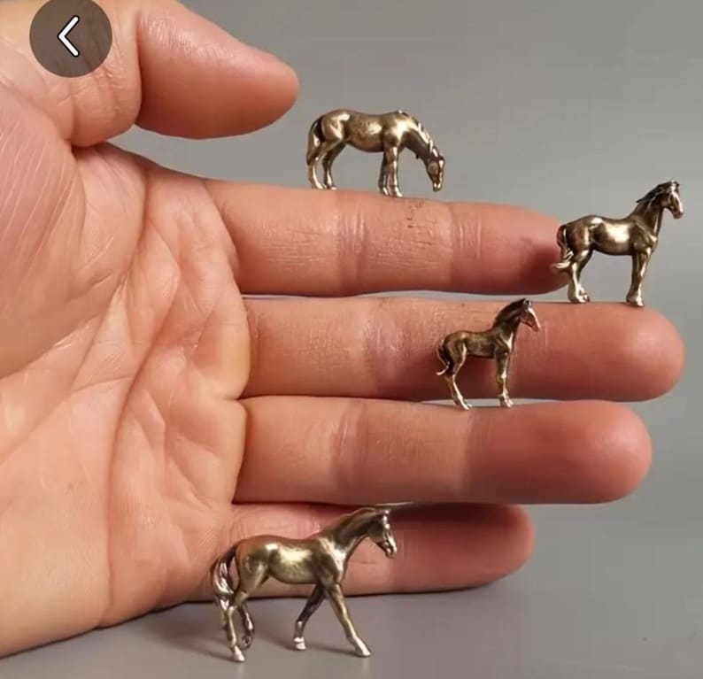 Puede incluir: Peque&ntilde;as figuras de caballos de bronce en varias poses, incluyendo pastando y de pie. Las peque&ntilde;as esculturas tienen un acabado met&aacute;lico y son detalladas. Los caballos se muestran en una mano, mostrando su tama&ntilde;o. Las figuras son probablemente para fines decorativos.