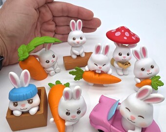 Resin Kawaii Bunnies 8 Set, Fairy Garden Micro Landscape Decor, DIY Keychain, Kids Grandkids Gift, Cake Decor