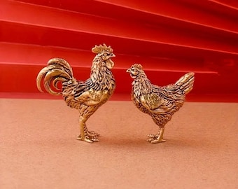 Brass Rooster and Hen, Farmhouse Decor, Chicken lover Gift, Dollhouse Garden Scene