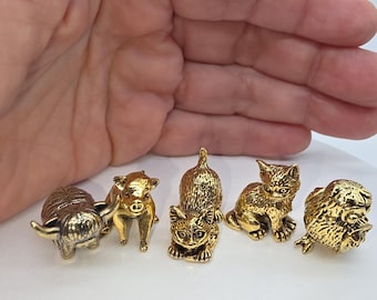 Brass Kitty Owl Piglet Bull Miniatures, Dollhouse Desk Shelf Decor, Kids Grandkids Animal Lover Gift, Symbolic Collectibles