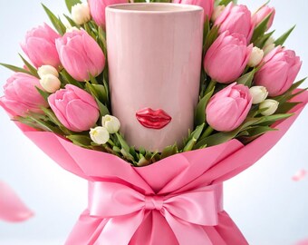 Pink Ceramic Vase Tumbler with Lips Handmade, Vanity Shelf Decor, Bday Valentine Gift