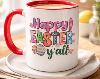 Happy Easter White and Red Cofee Mug, Bunny Egg Spring Cup, Easter Basket Gift