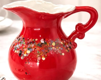 Red Ceramic Pitcher, Handmade Colorful Confetti Flower Vase, Art Pottery Water Jug Home Decor