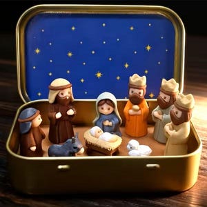 May include: A gold-colored metal tin containing a miniature nativity scene. Inside are small figurines of a baby in a manger, figures in robes, a donkey, and a lamb. The lid interior features a dark blue background with yellow star illustrations.