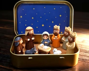 Mini Nativity Set in Tin Box, Miniature Collector Kid Christmas Gift, 10 Piece 3D Printed Creche, Portable Christmas Scene