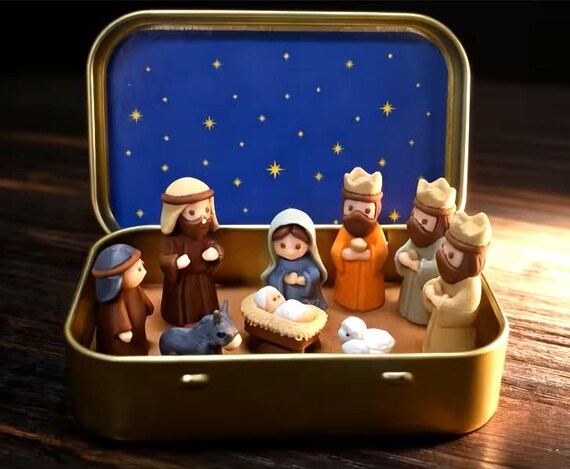 Mini Nativity Set in Tin Box, Miniature Collector Kid Christmas Gift, 10 Pieces, Portable Christmas Scene