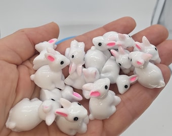 White Resin Easter Bunnies, Fairy Garden Car Dashboard Terrarium Decor, 15 pc Set