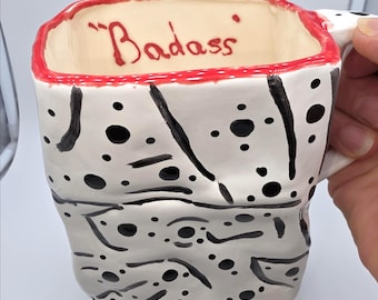 Badass Ceramic Coffee Mug, Black Beige Abstract Design, Boss Babes Strong Women Cup