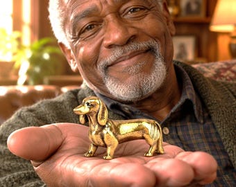 May include: A small, metallic gold-colored figurine of a dachshund dog standing in profile. The miniature statue features a smooth, polished surface with subtle dark shading in the crevices to highlight the anatomical details of the dog's body.