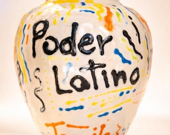 Poder Latino Decorative Ceramic Jug, Latin Culture Art Pottery, Handmade Painted Flower Vase