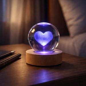 Crystal Ball Heart Lamp, 3D Laser Engraved Love Cloud, Color Changing USB Light