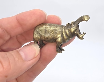 Brass Hippopotamus Figurine, Open Mouth Hippo, Wealth Symbol, Desk Shelf Accent, Feng Shui Animal Collectible Gift