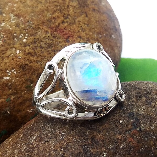 Handgemachter ovaler Regenbogen Mondstein Ring, 925 Sterling Silber