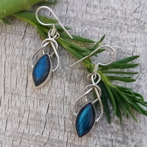 Pretty look Blue Labradorite earrings,large Pear Shape gemstone jewelry for her, Birthday gift wife mom sister, 925 Silver Earrings