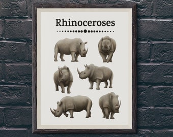 Rhinoceros Art Print Safari Animal Wall Decor Black White Rhino Poster Realistic Wildlife Illustration Gift for Nature Lovers Home Office