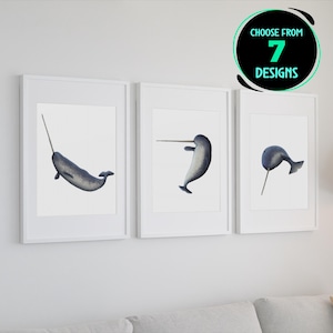 Narwhal Print Set Arctic Sea Unicorn Wall Decor Whale Art Prints Ocean Themed Bedroom Nursery Decor Gift for Marine Life Enthusiast Set of 7