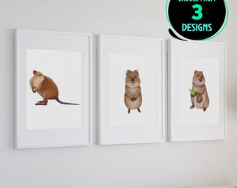 Impresiones artísticas de Quokka, ilustración de animales felices, decoración de pared de vida silvestre australiana, póster de marsupial sonriente para sala de estar, guardería, juego de 3