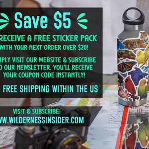 May include: A stainless steel water bottle covered in colorful nature-themed stickers, including birds, butterflies, and a tiger. Text on the left side promotes a discount and free sticker pack. The website address is www.wildernessinsider.com.