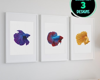 Betta Fish Print Set Siamese Fighting Fish Wall Decor Colorful Aquarium Art Modern Home Interior Gift for Aquarist Set of 3