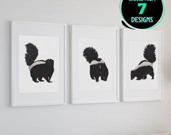 Skunk Art Prints Wildlife Wall Decor Black and White Animal Illustration Home Interior Design Gift for Nature Enthusiast Set of 6