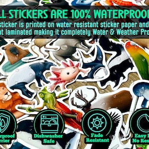 May include: A collection of animal stickers, including a lion, axolotl, and parrot, with the text "ALL STICKERS ARE 100% WATERPROOF!". The stickers are waterproof, dishwasher safe, fade resistant, and easy to peel.