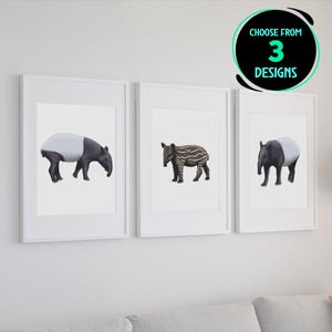 Malayan Tapir Art Print Set Jungle Wildlife Illustration Tropical Home Decor Exotic Animal Wall Art Gift for Conservationist Set of 3