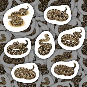 May include: A repeating pattern of die-cut stickers featuring illustrations of rattlesnakes in various coiled and defensive poses. Each snake has a tan and brown diamond-patterned scale design, with some snakes shown with open mouths and visible fangs.